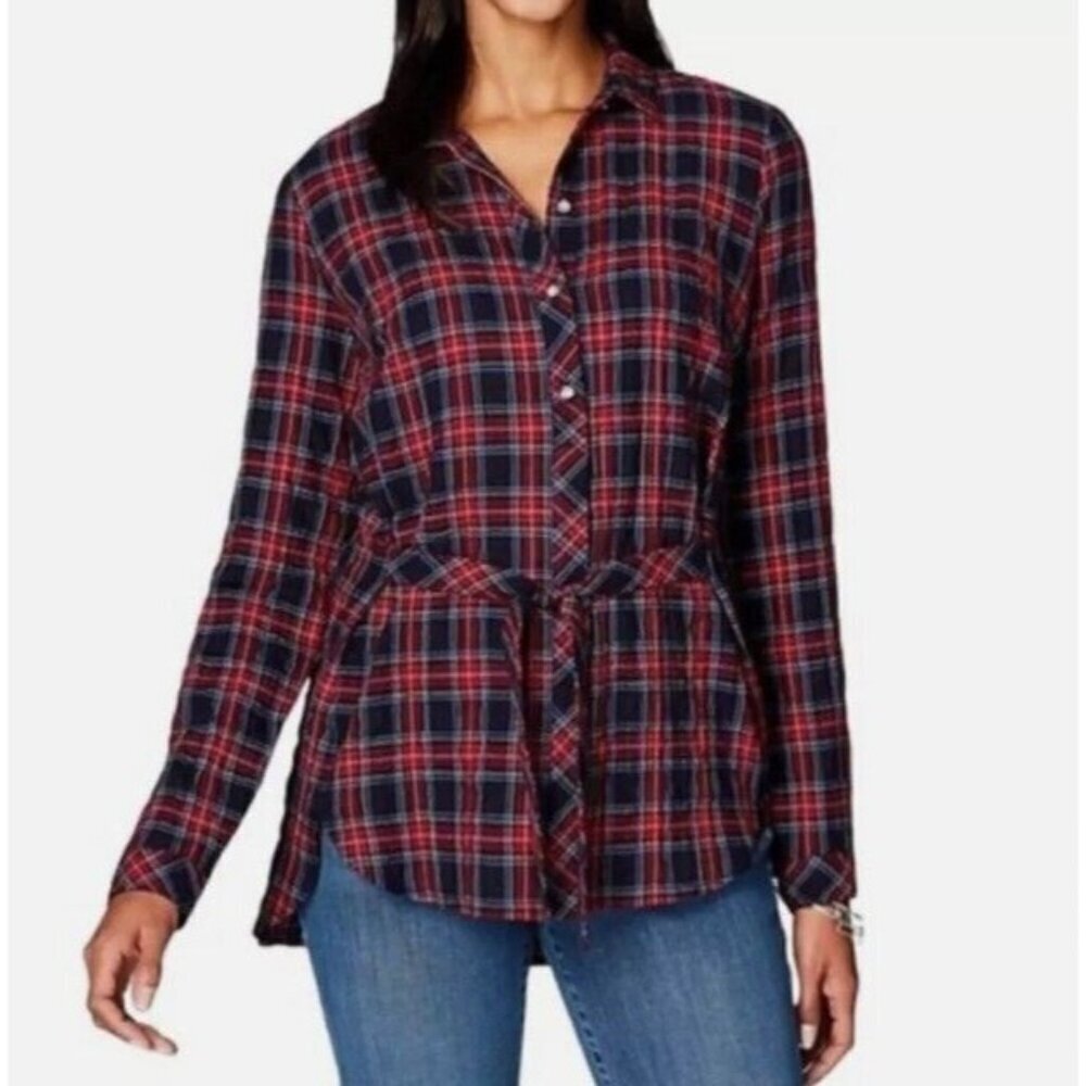 J Jill Top 4X Plaid Tie Front Tartan Plaid Red Black Stretch Button Up Tunic